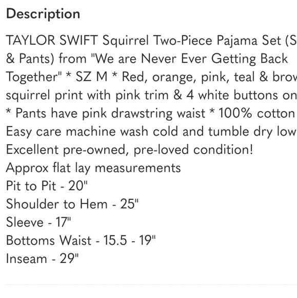 TAYLOR SWIFT Squirrel Two-Piece Pajama Set (Shirt & Pants) from "WANEGBT" * SZ M - Picture 16 of 16